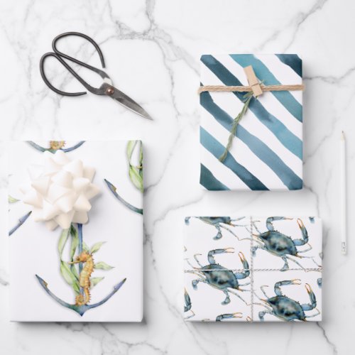 Coastal Seaside Nautical Delights Pattern Wrapping Paper Sheets
