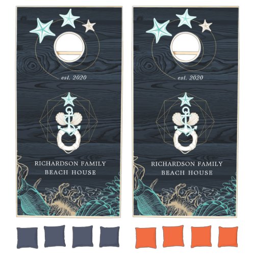 coastal seaside turquoise monogram cornhole set