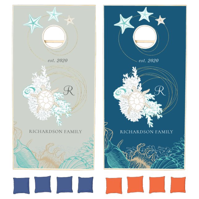 coastal seaside turquoise monogram cornhole set (Set)