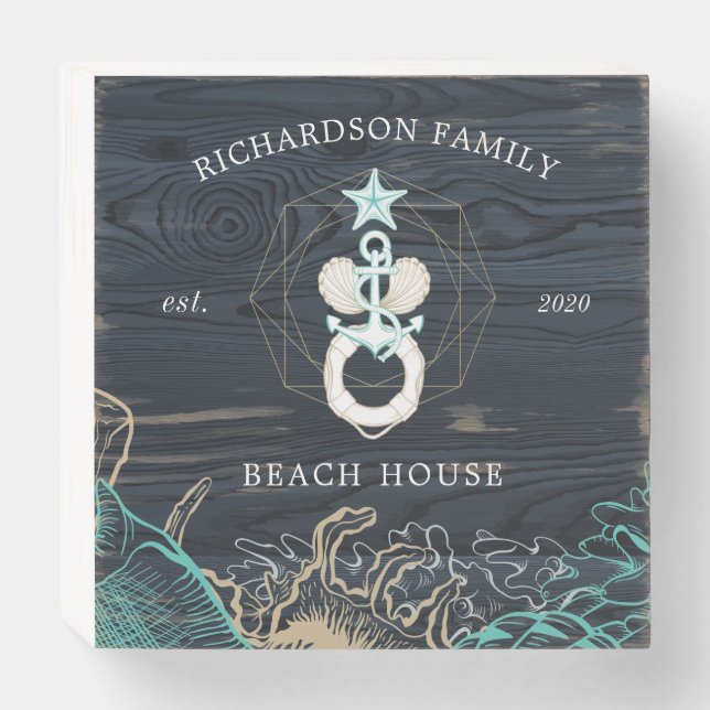 coastal seaside turquoise monogram  wooden box sign (Front Horizontal)