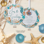 Coastal SEAsons Greetings Year Summary Photo Ornament Card<br><div class="desc">Send unique Christmas holiday greetings with a costal, beach or tropical photo ornament card with a fun twist on the traditional Season's Greetings with SEAS & GREETINGS in a modern handwritten script typography accented by beach and ocean icons like starfish, shells and seahorses with holiday ornaments in turquoise, teal, brown...</div>