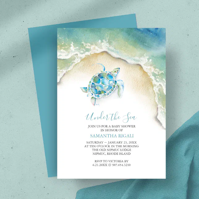 Coastal SeaTurtle Blue Baby Shower Watercolor Invitation | Zazzle