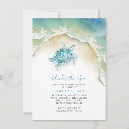 Coastal SeaTurtle Blue Baby Shower Watercolor Invitation | Zazzle