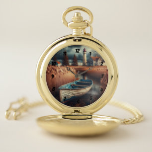 Coastal Serenity: Lighthouse and Rowboat Pocket Watch
