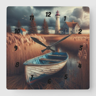 Coastal Serenity: Lighthouse and Rowboat Square Wall Clock