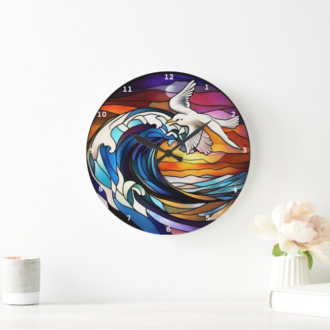 Coastal Serenity" - Stained Glass Ocean Waves Wall Large Clock (Home)