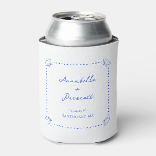 Coastal Shell Blue Border Personalized Wedding Can Cooler