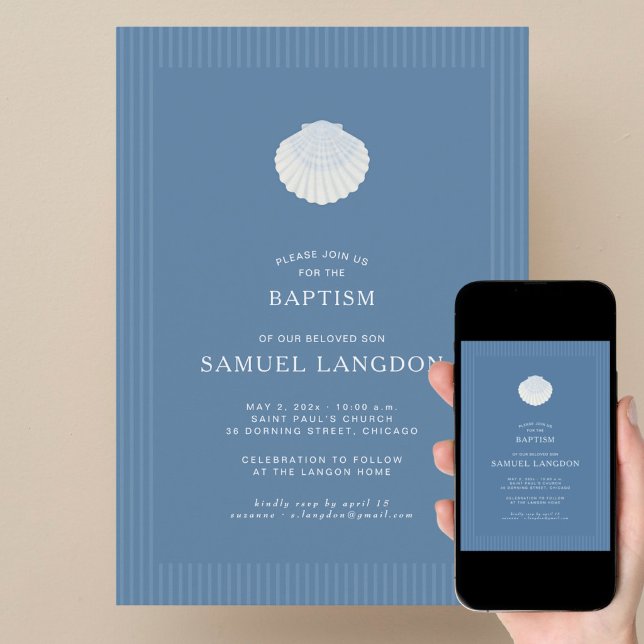 Coastal shell blue striped baptism Invitation (Creator Uploaded)