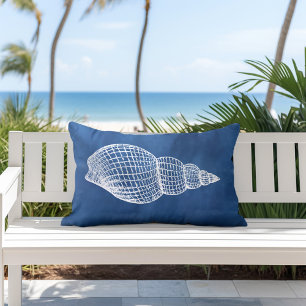 Coastal Shell Blue White Outdoor Lumbar Pillow