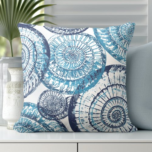 Coastal Shell Blue White Throw Pillow