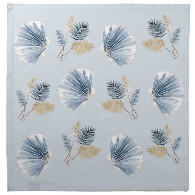 Coastal Shell & Fern | Soft Blue Entertaining Cloth Napkin (Front)