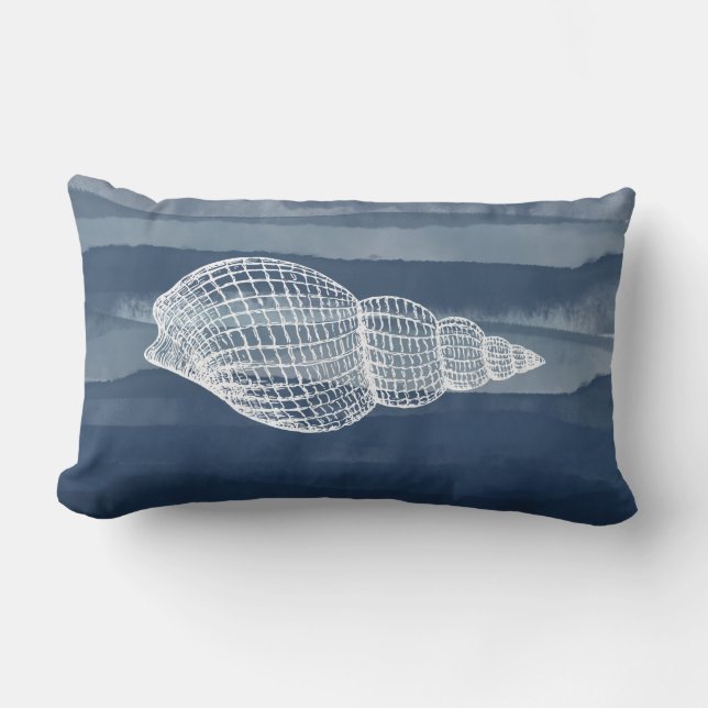 Coastal Shell Navy Blue White Outdoor Lumbar Pillow (Front)