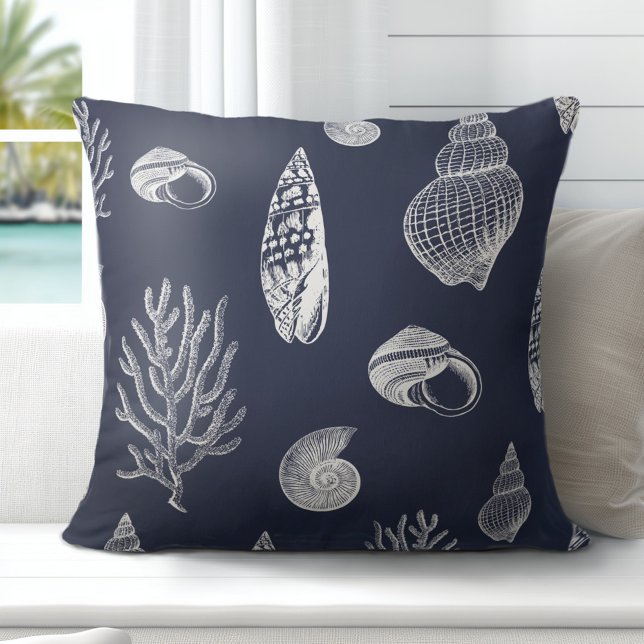 Coastal Shell Navy Blue White Throw Pillow (Discover Gorgeous Coastal Throw Pillows by Totally Coast.)