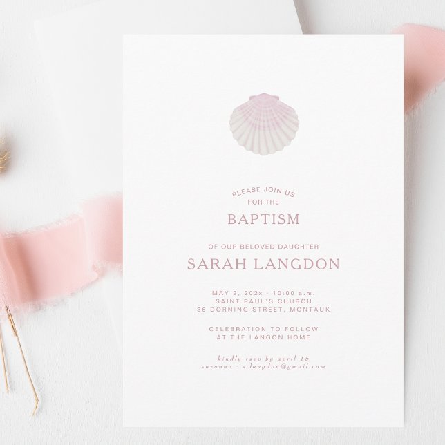 Coastal shell white pink baptism Invitation (Creator Uploaded)