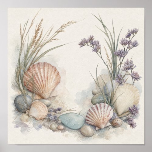 Coastal Shells and Sea Lavender Square Wall Art Pr