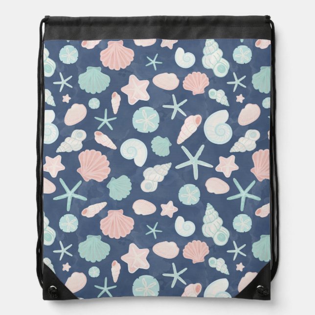 Coastal Shells Beach & Ocean Design Drawstring Bag (Front)