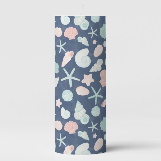 Coastal Shells Beach & Ocean Design Pillar Candle (Front)