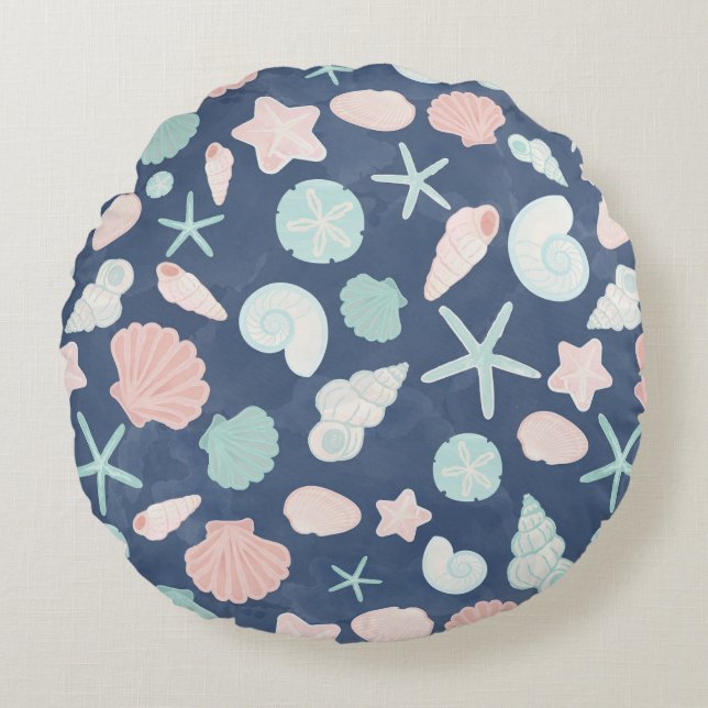Coastal Shells Beach & Ocean Design Round Pillow (Front)