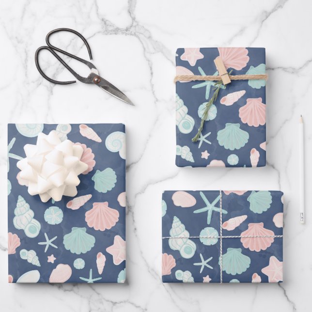 Coastal Shells Beach & Ocean Design Wrapping Paper Sheets (Front)