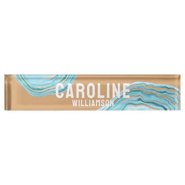 Coastal Simple Modern nautical sea blue agate Desk Name Plate (Front)