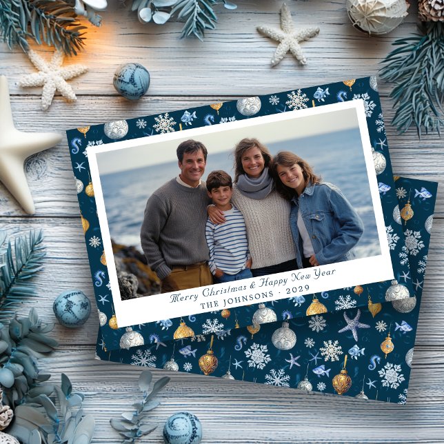 Coastal Snowflakes & Nautical Elements Photo Holiday Card (Coastal Snowflakes & Nautical Elements Custom Holiday Photo Card Front & Back)