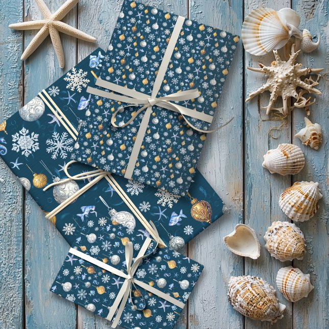 Coastal Snowflakes & Nautical Elements Wrapping Paper Sheets (Coastal Snowflakes & Nautical Elements Wrapping Paper Sheets)