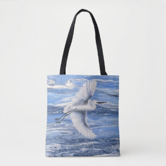 Coastal snowy egret blue tote bag