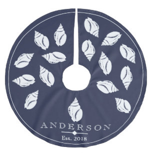 Coastal Spiral Seashell & Navy Blue   Personalized Brushed Polyester Tree Skirt
