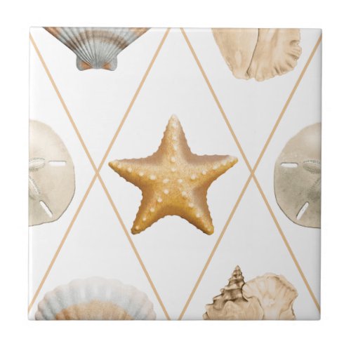 Coastal Starfish and Seashells Ceramic Tile
