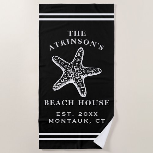 Coastal Starfish Beach House Family Name Black Beach Towel