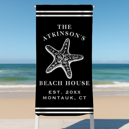 Coastal Starfish Beach House Family Name Black Beach Towel