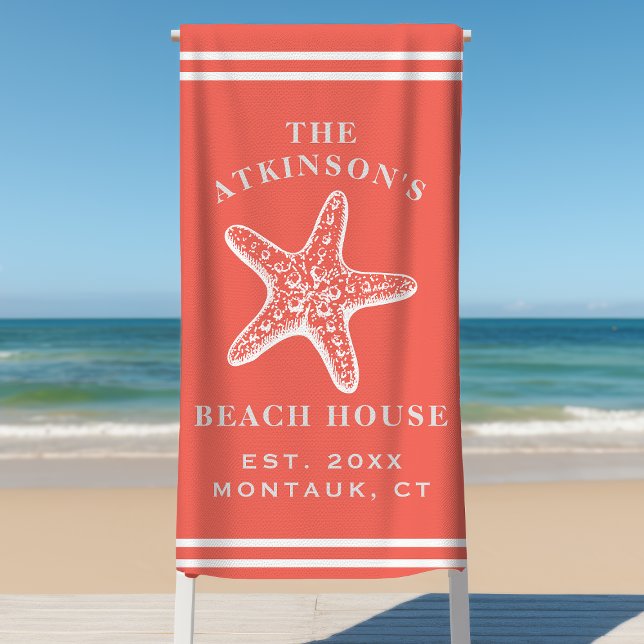 Coastal Starfish Beach House Family Name Coral Towel (Creator Uploaded)