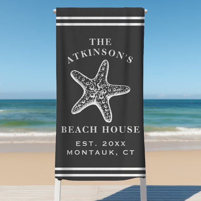 Coastal Starfish Beach House Family Name Gray Towel (Creator Uploaded)