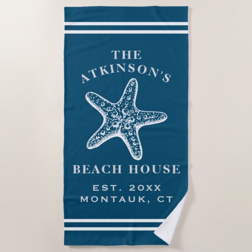 Coastal Starfish Beach House Family Name Navy Beach Towel