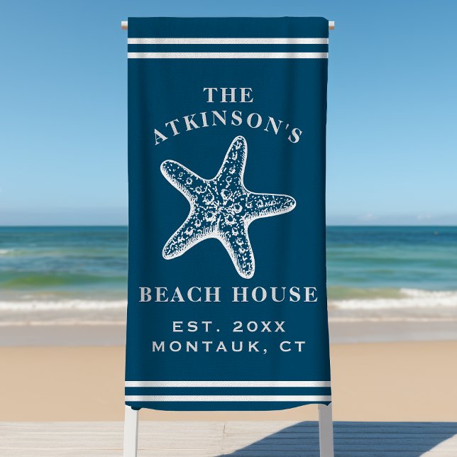 Coastal Starfish Beach House Family Name Navy Towel (Creator Uploaded)