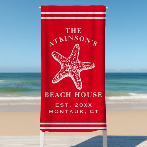 Coastal Starfish Beach House Family Name Red Beach Towel