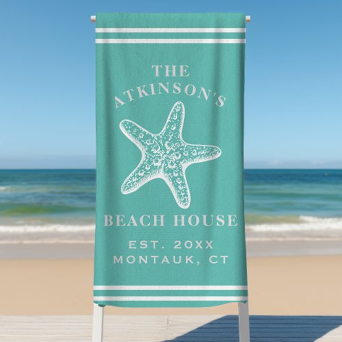 Coastal Starfish Beach House Family Name Teal Beach Towel