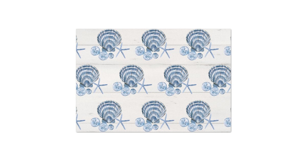 Coastal Starfish Beach Seashells Blue White Wood T Tissue Paper | Zazzle