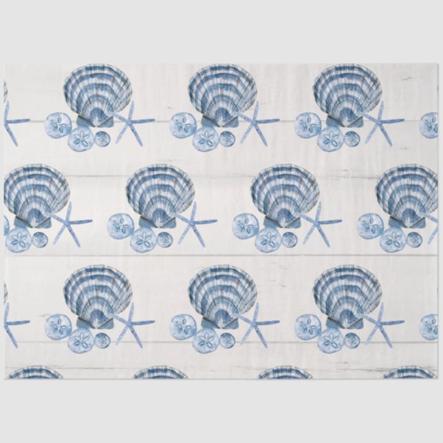 Coastal Starfish Beach Seashells Blue White Wood T Tissue Paper (Front)
