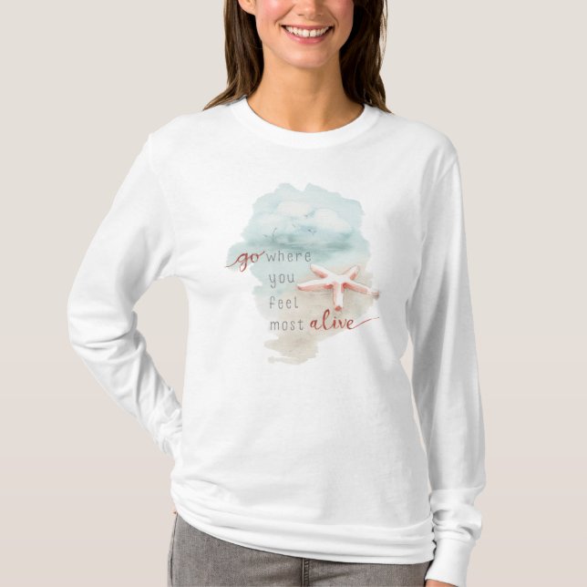 Coastal Starfish Beach Watercolor Quote T-Shirt (Front)