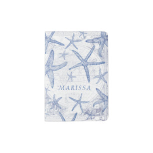 Coastal Starfish Blue Monogrammed Name Passport Holder