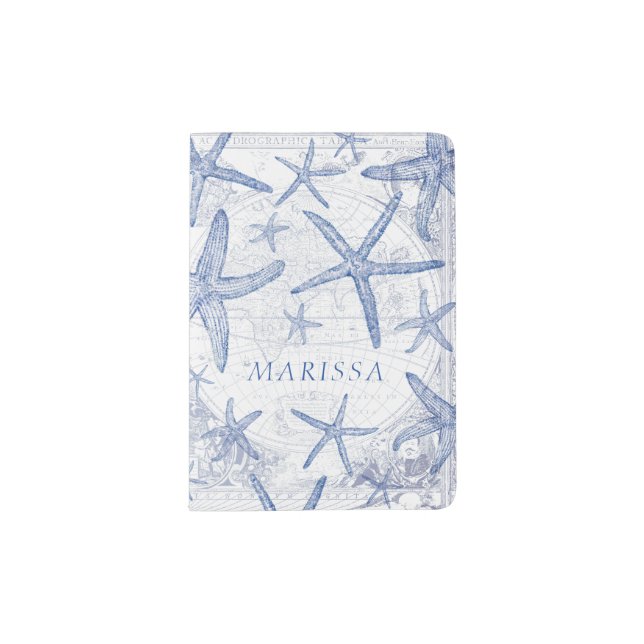 Coastal Starfish Blue Monogrammed Name Passport Holder (Front)
