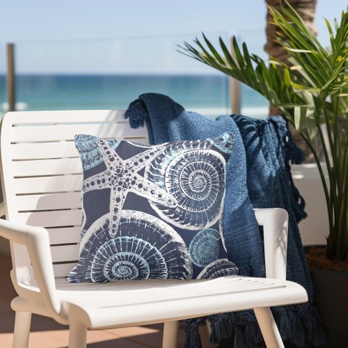 Coastal Starfish Blue White Outdoor Pillow