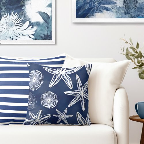 Coastal Starfish Blue White Throw Pillow