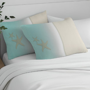 Coastal Starfish Ocean Beach Sand & Aqua Water Pillow Case