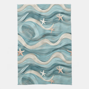 Coastal Starfish on Aqua Sand Waves Pattern (10) Kitchen Towel