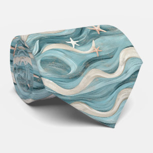 Coastal Starfish on Aqua Sand Waves Pattern (10) Neck Tie