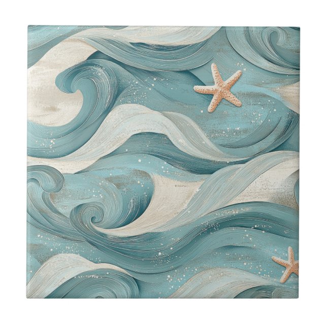 Coastal Starfish on Aqua Sand Waves Pattern (11) Ceramic Tile (Front)