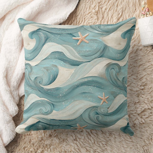 Coastal Starfish on Aqua Sand Waves Pattern (11) Throw Pillow (Blanket)