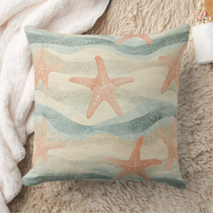 Coastal Starfish on Aqua Sand Waves Pattern (1) Throw Pillow